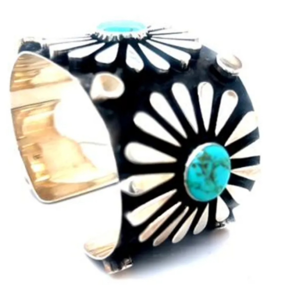 Turquoise 925 Mexican Silver Sunflower Wide Cuff Exquisite Bracelet - Picture 4 of 6
